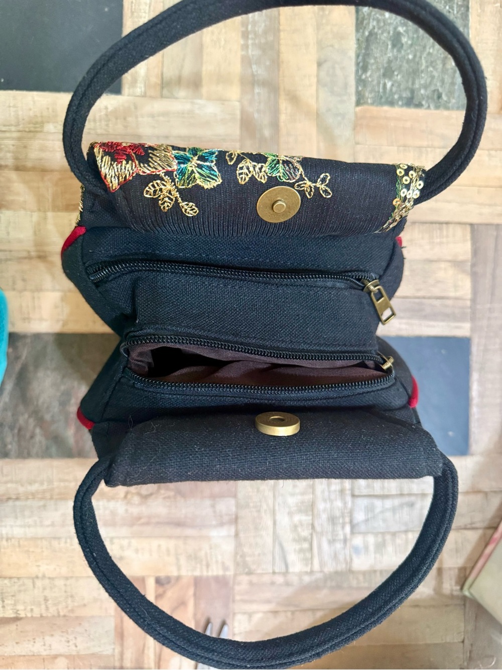 Ethnic Embroidered Peacock Handbag Canvas Sequin Top Handle Bag Black Red - Picture 2 of 4